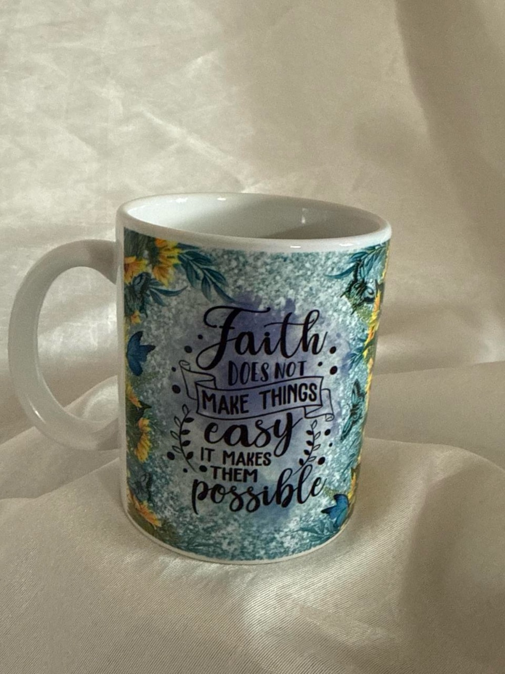Faith Quote Ceramic Coffee Mug - Blue Floral